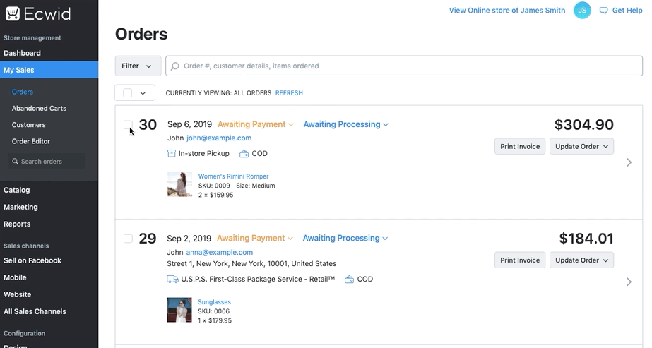 Delete order in Ecwid control panel